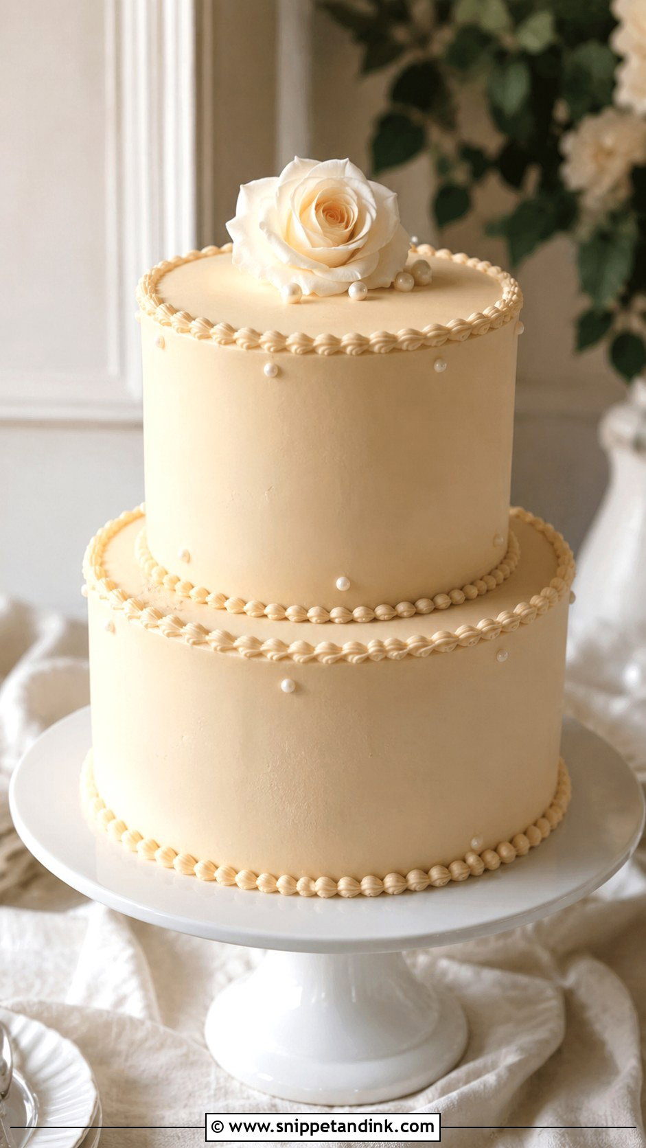 Beige Wedding Cake With Minimal Piping - Snippet and Ink - 20 Simple Beige Wedding Cake Ideas