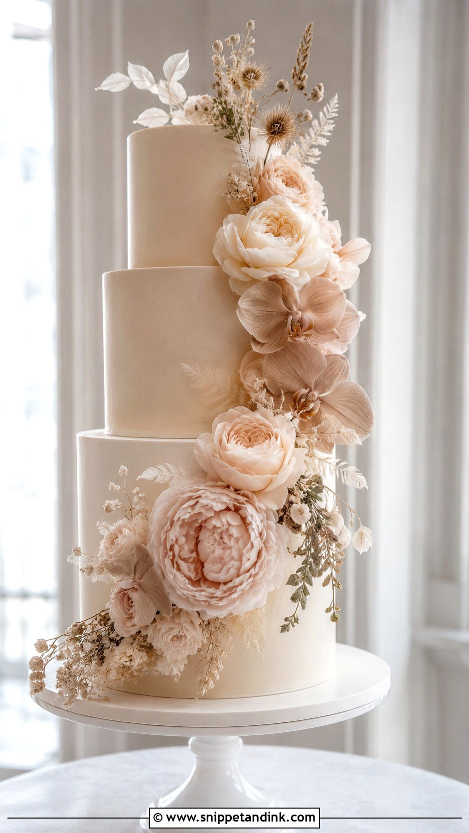 Beige Wedding Cake With Neutral Flowers - Snippet and Ink - 20 Simple Beige Wedding Cake Ideas