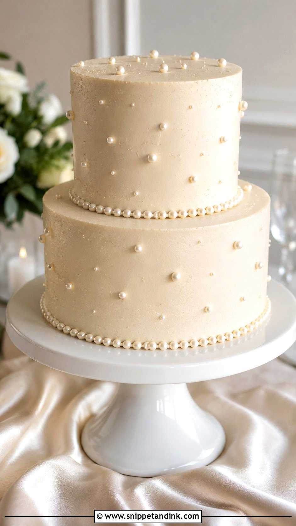 Beige Wedding Cake With Pearls - Snippet and Ink - 20 Simple Beige Wedding Cake Ideas
