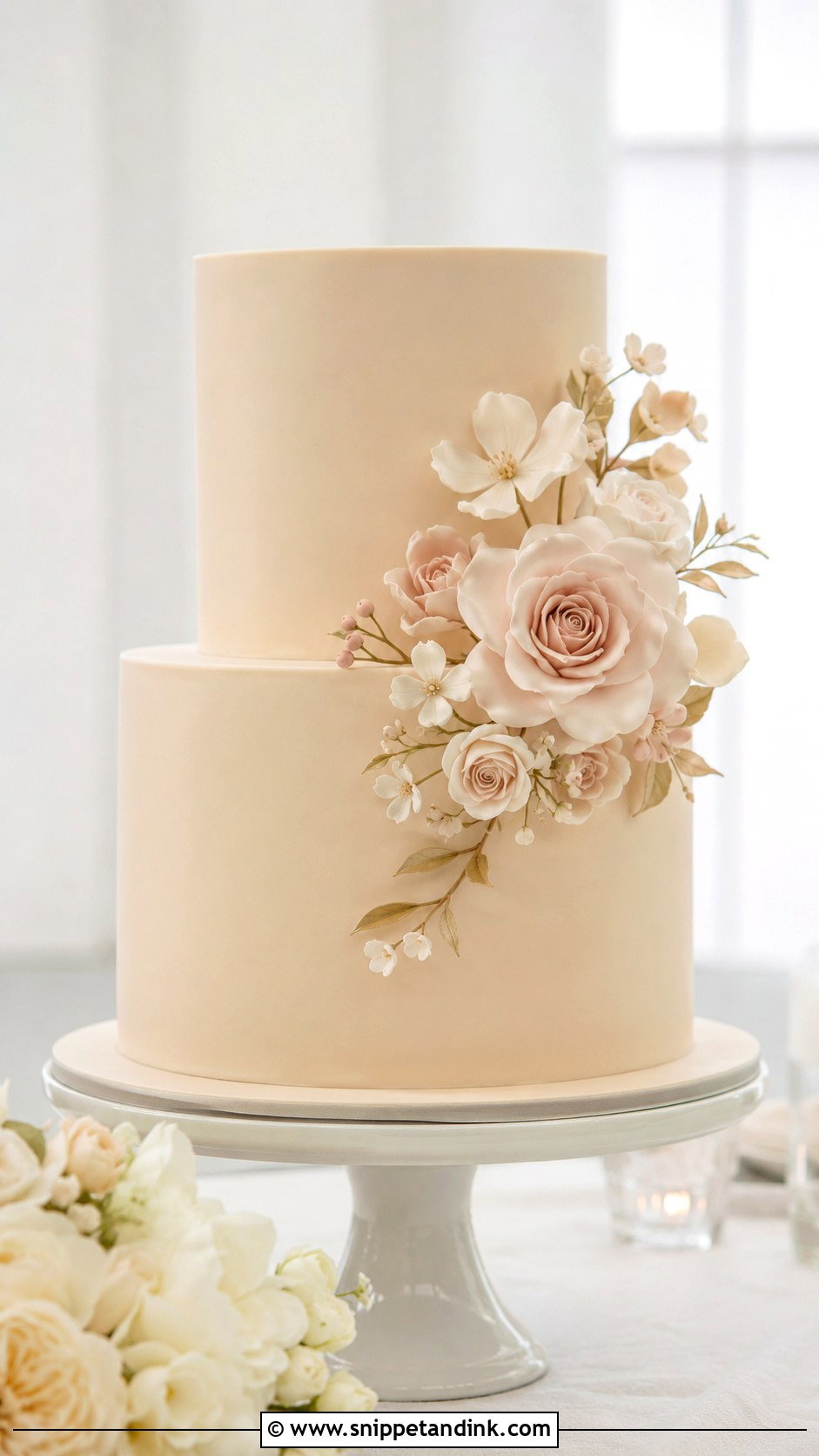 Beige Wedding Cake With Sugar Flowers - Snippet and Ink - 20 Simple Beige Wedding Cake Ideas