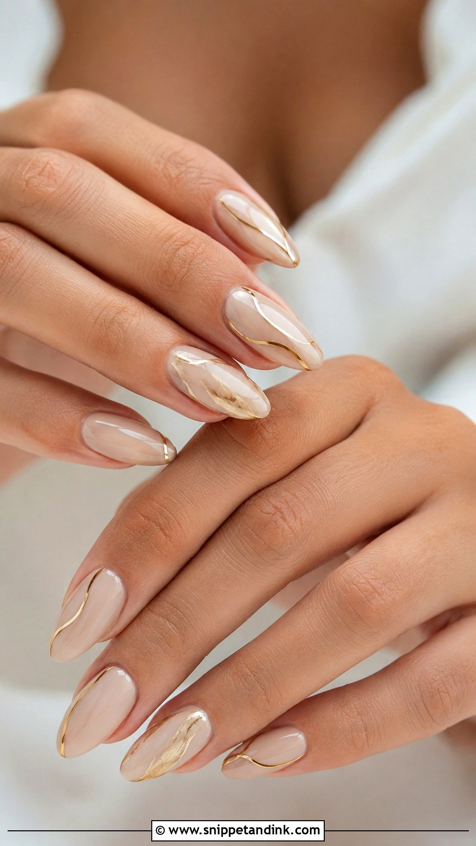 Beige Wedding Nails With Gold Abstract Accent - Snippet and Ink - 20 Wedding Nails Gold Accent