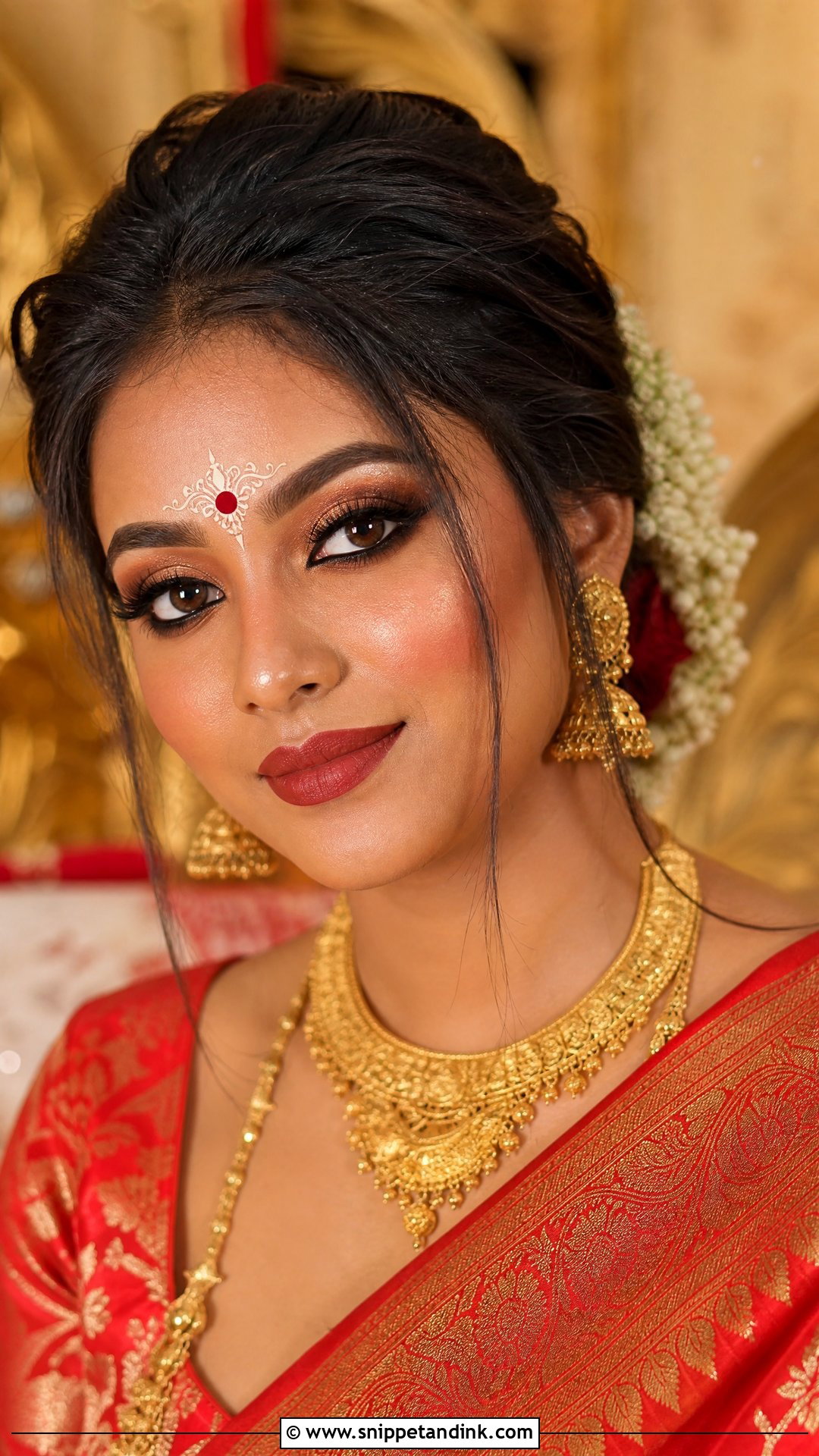 Bengali Bridal Makeup With Gold Eyeshadow - Snippet and Ink - 20 Bengali Bridal Wedding Makeup Ideas
