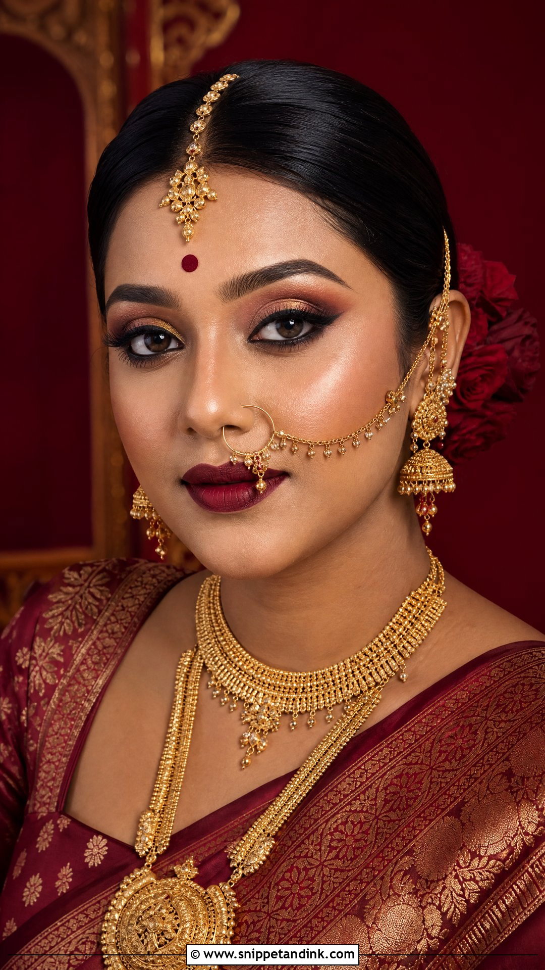 Bengali Bridal Makeup With Maroon Lip - Snippet and Ink - 20 Simple Bengali Bridal Makeup Ideas
