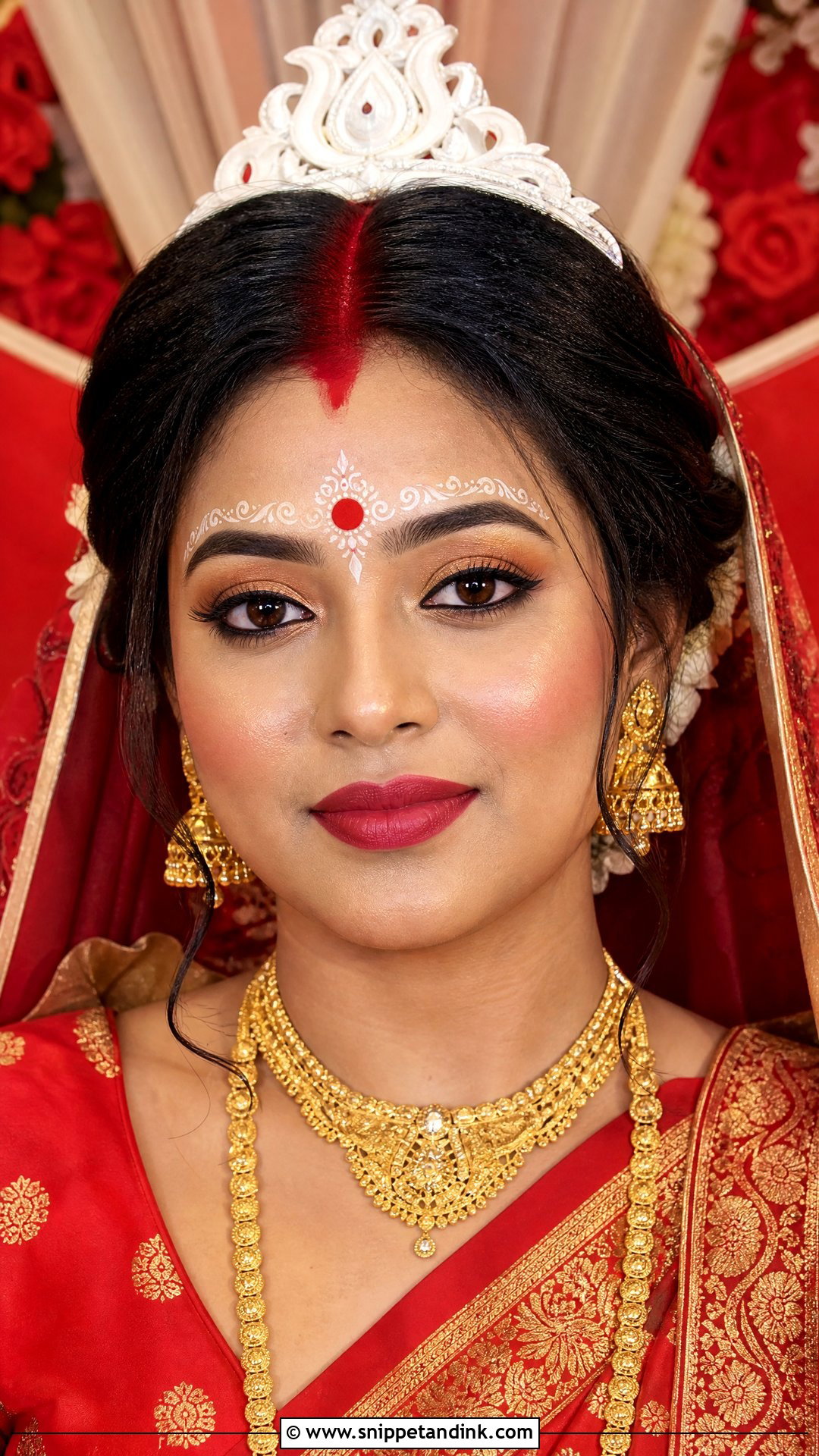 Bengali Bridal Makeup With Traditional Forehead Design - Snippet and Ink - 20 Simple Bengali Bridal Makeup Ideas