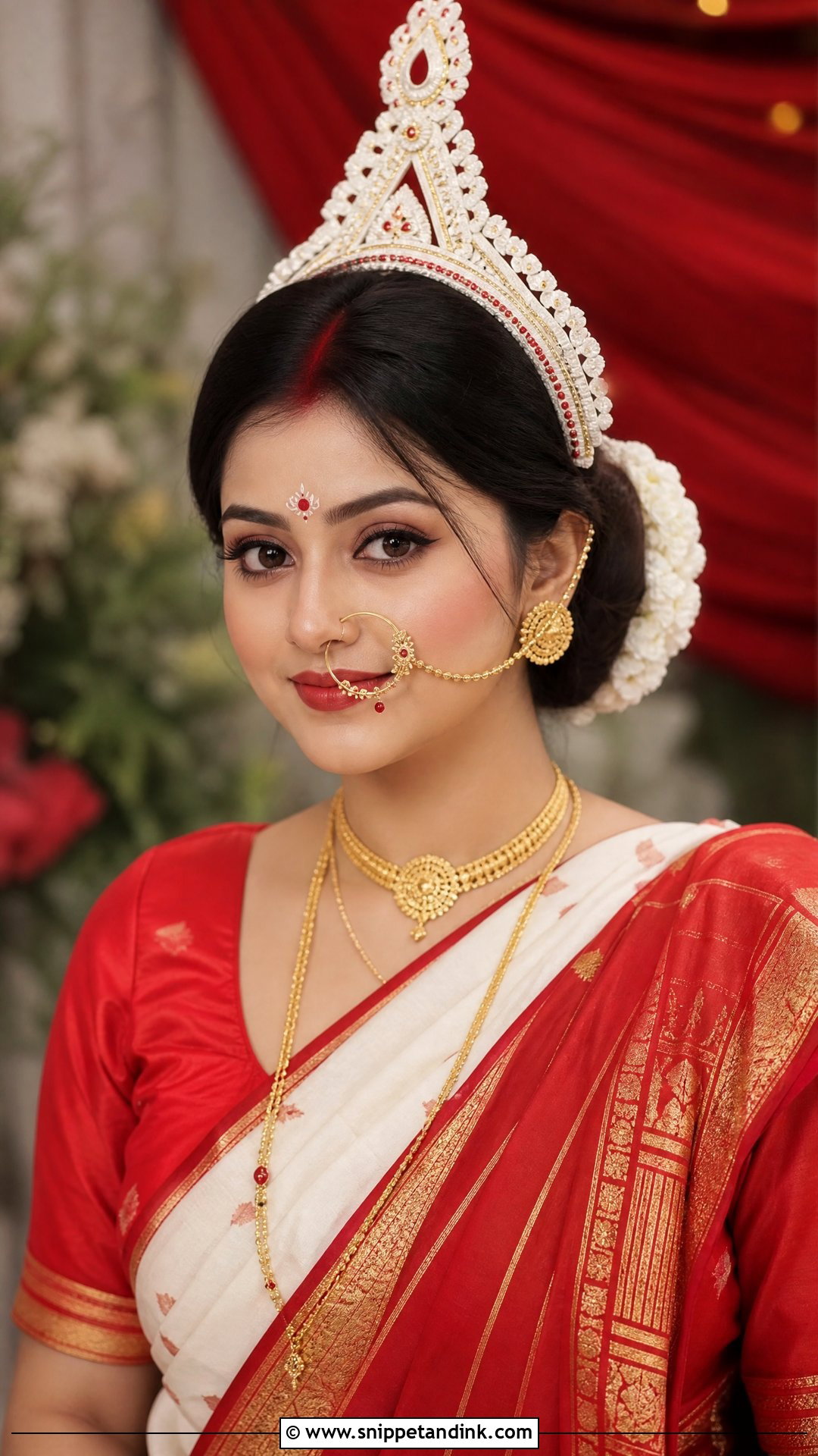 Bengali Style Bun With Mukut - Snippet and Ink - 20 Traditional Indian Wedding Hairstyles