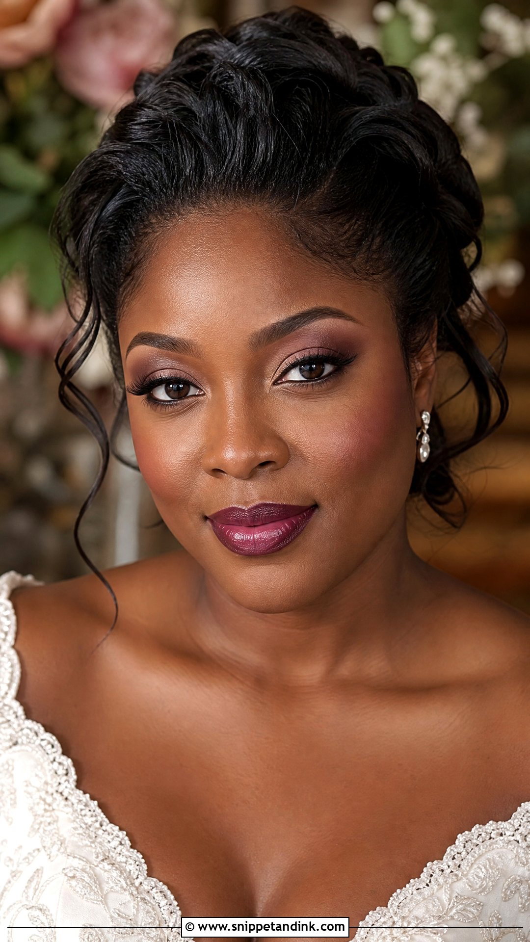 Berry Lip Wedding Makeup With Soft Updo - Snippet and Ink - 20 Wedding Makeup and Hair Ideas
