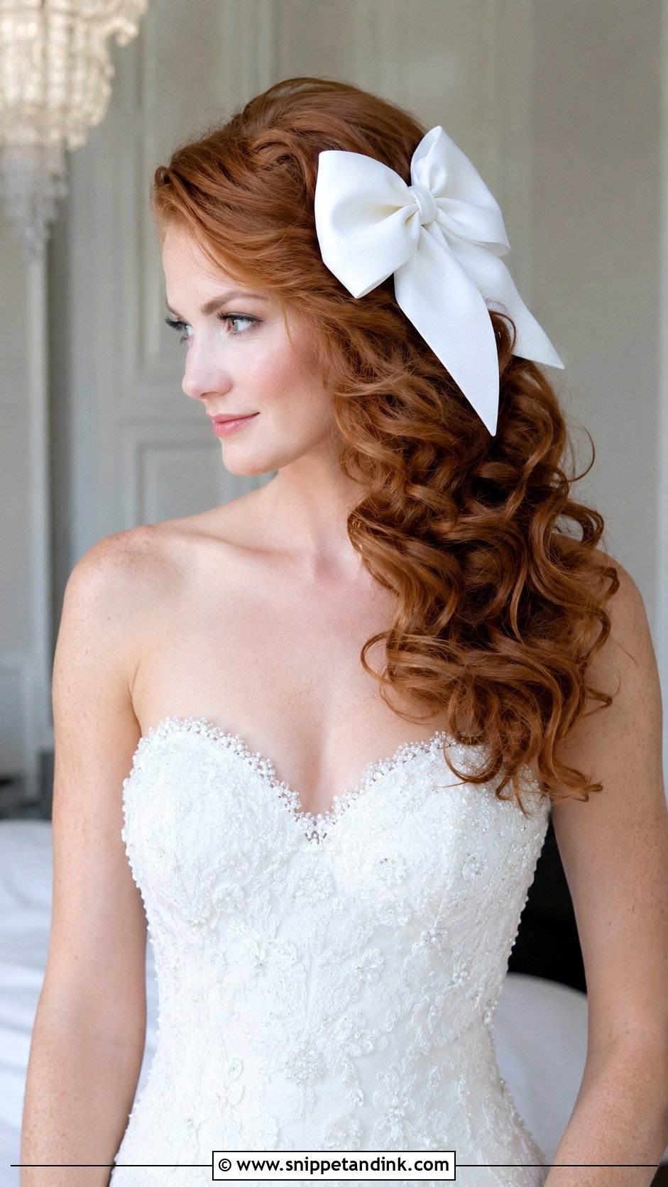 Big White Bow With Side Swept Curls - Snippet and Ink - 25 Wedding Hair Bow Ideas