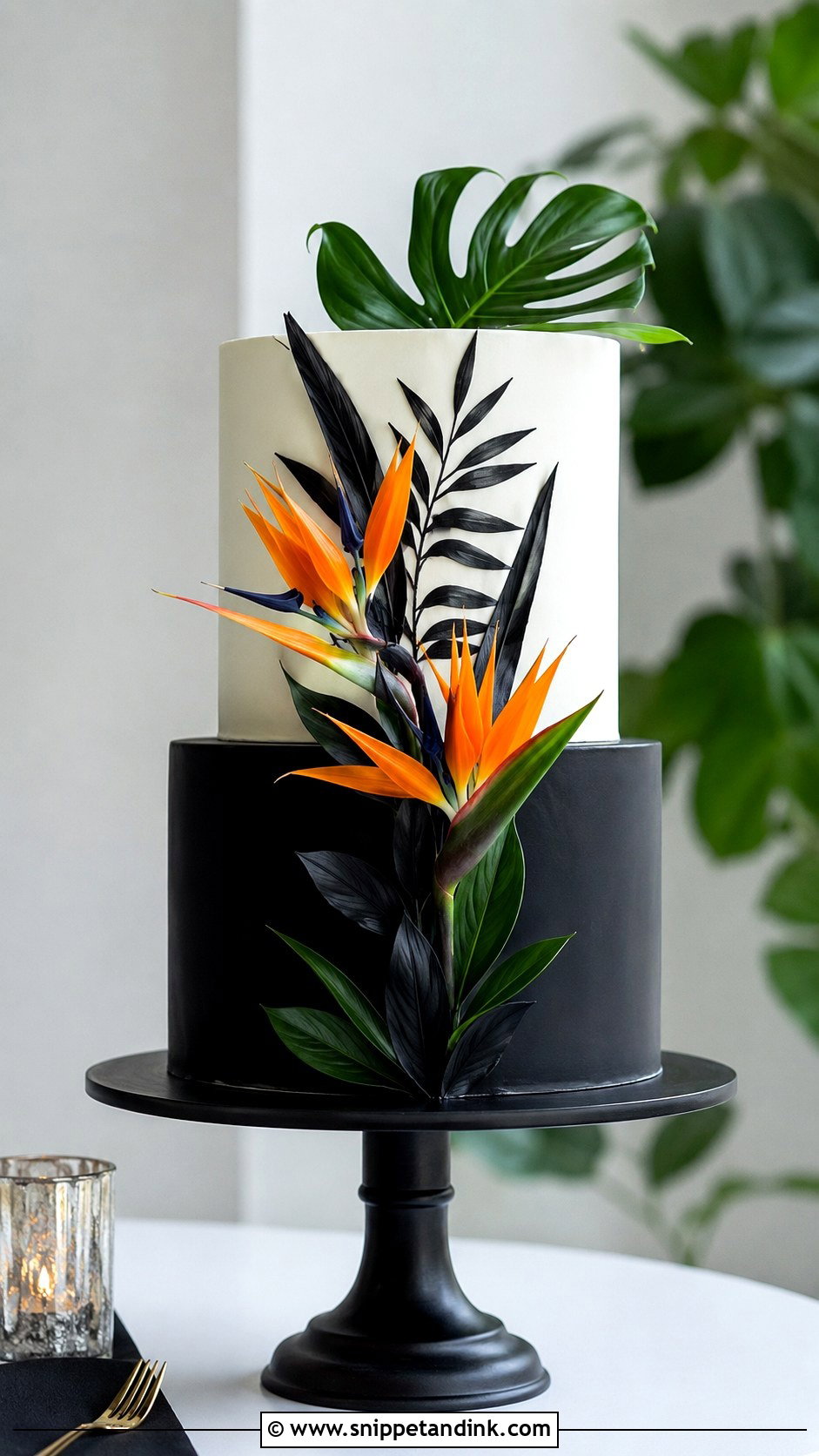 Bird Of Paradise Wedding Cake With Black And White Tiers - Snippet and Ink - 20 Bird of Paradise Wedding Cake Ideas