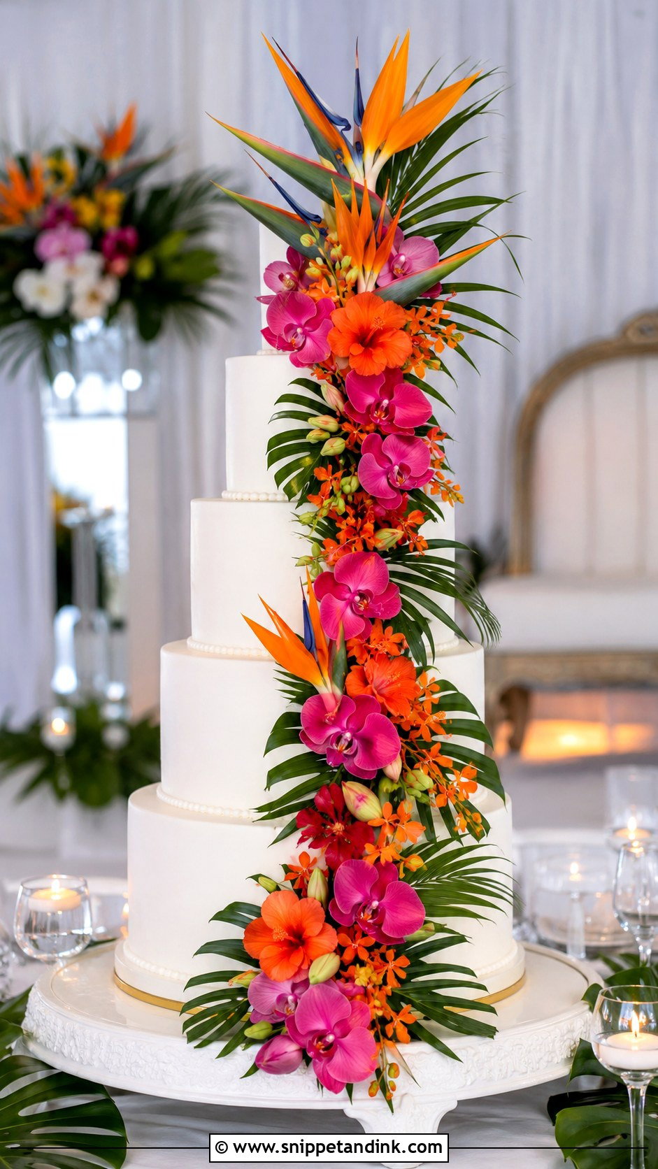 Bird Of Paradise Wedding Cake With Cascade Flowers - Snippet and Ink - 20 Bird of Paradise Wedding Cake Ideas