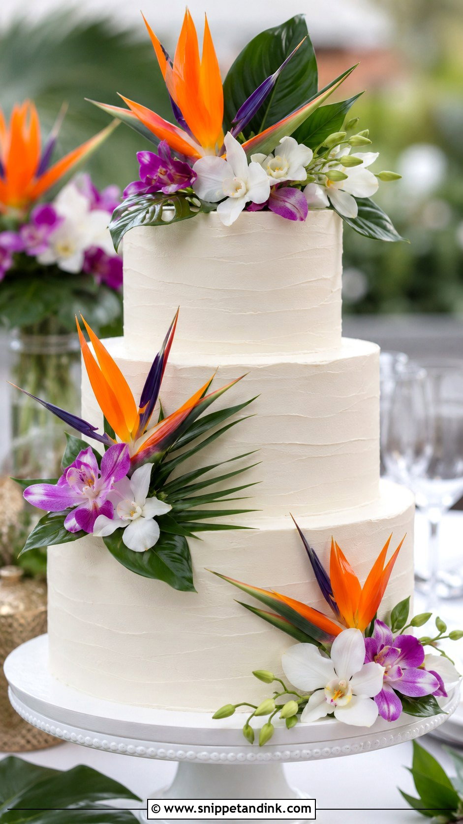 Bird Of Paradise Wedding Cake With Fresh Orchids - Snippet and Ink - 20 Bird of Paradise Wedding Cake Ideas