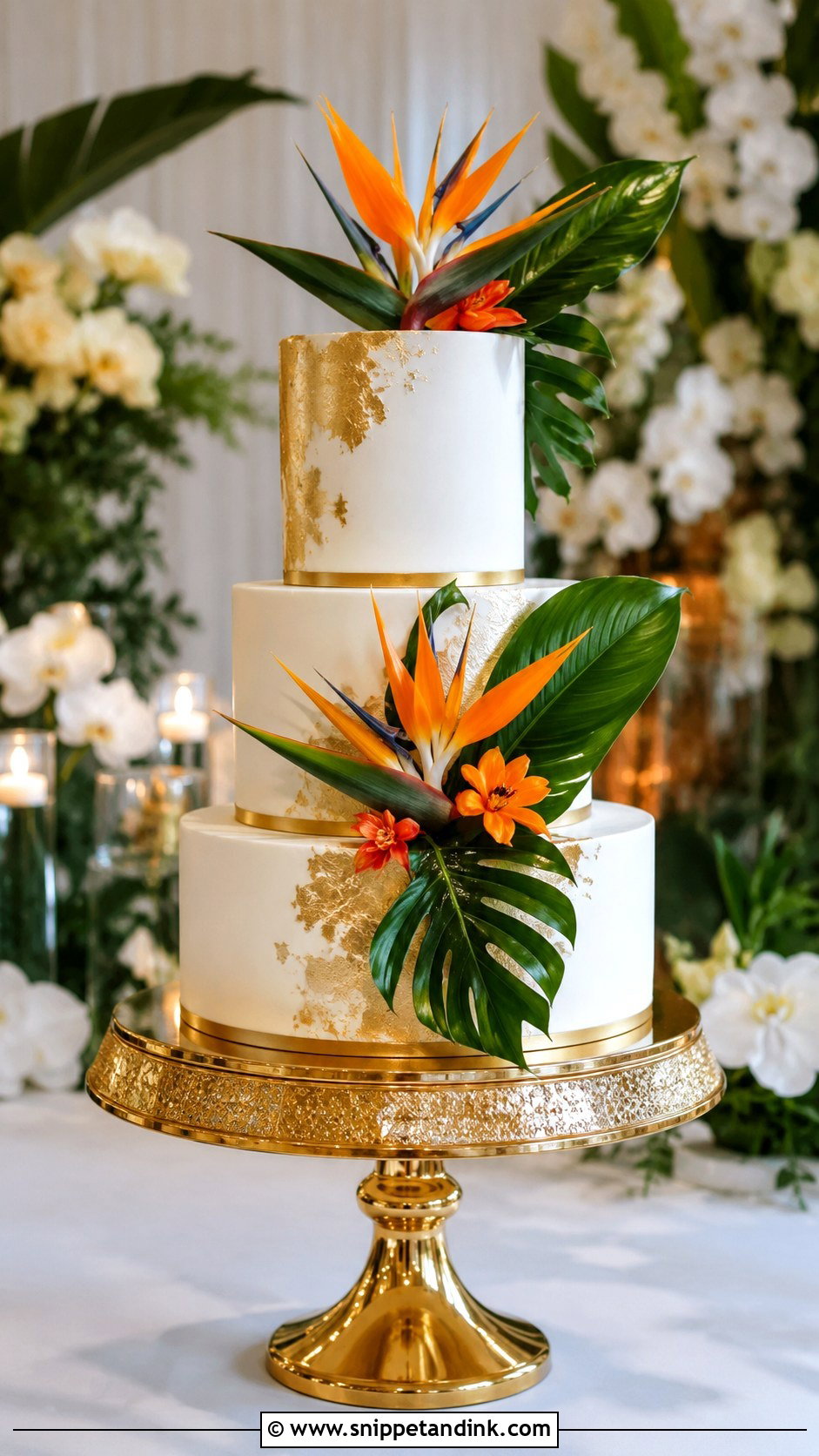 Bird Of Paradise Wedding Cake With Gold Details - Snippet and Ink - 20 Bird of Paradise Wedding Cake Ideas