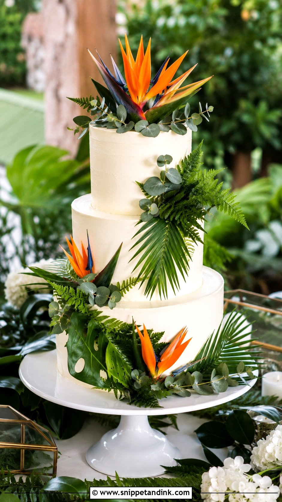 Bird Of Paradise Wedding Cake With Greenery Garland - Snippet and Ink - 20 Bird of Paradise Wedding Cake Ideas