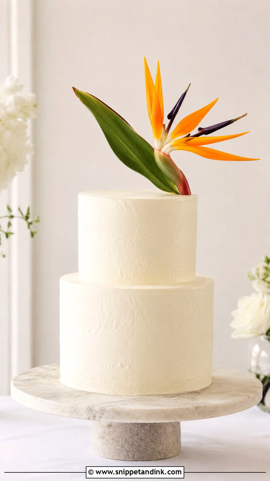 Bird Of Paradise Wedding Cake With Minimal Flowers - Snippet and Ink - 20 Bird of Paradise Wedding Cake Ideas