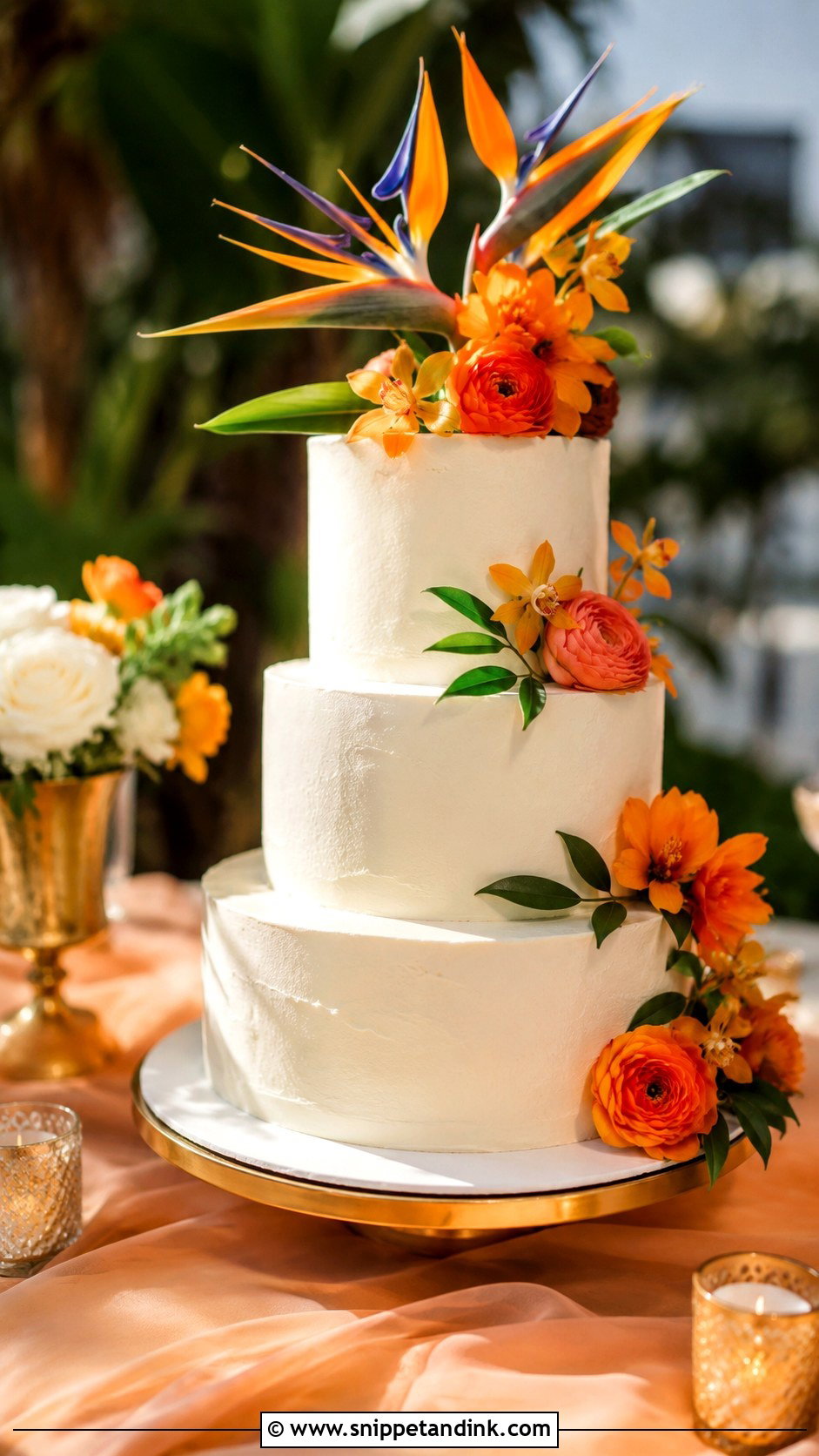 Bird Of Paradise Wedding Cake With Orange Flowers - Snippet and Ink - 20 Bird of Paradise Wedding Cake Ideas