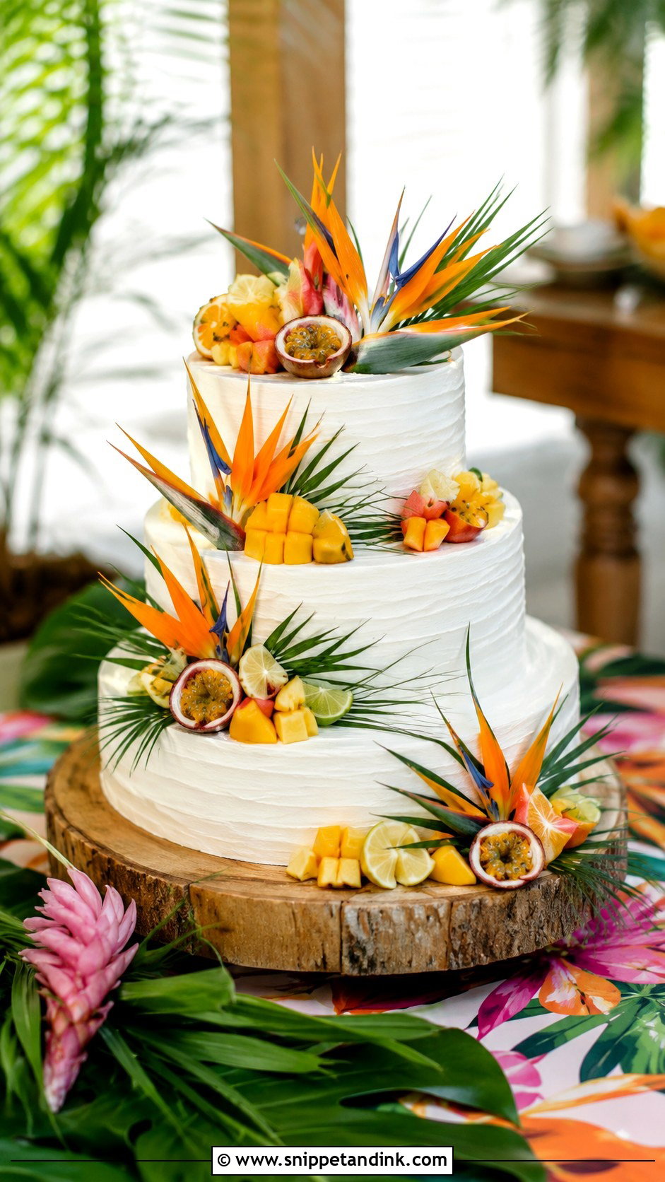 Bird Of Paradise Wedding Cake With Tropical Fruit - Snippet and Ink - 20 Bird of Paradise Wedding Cake Ideas
