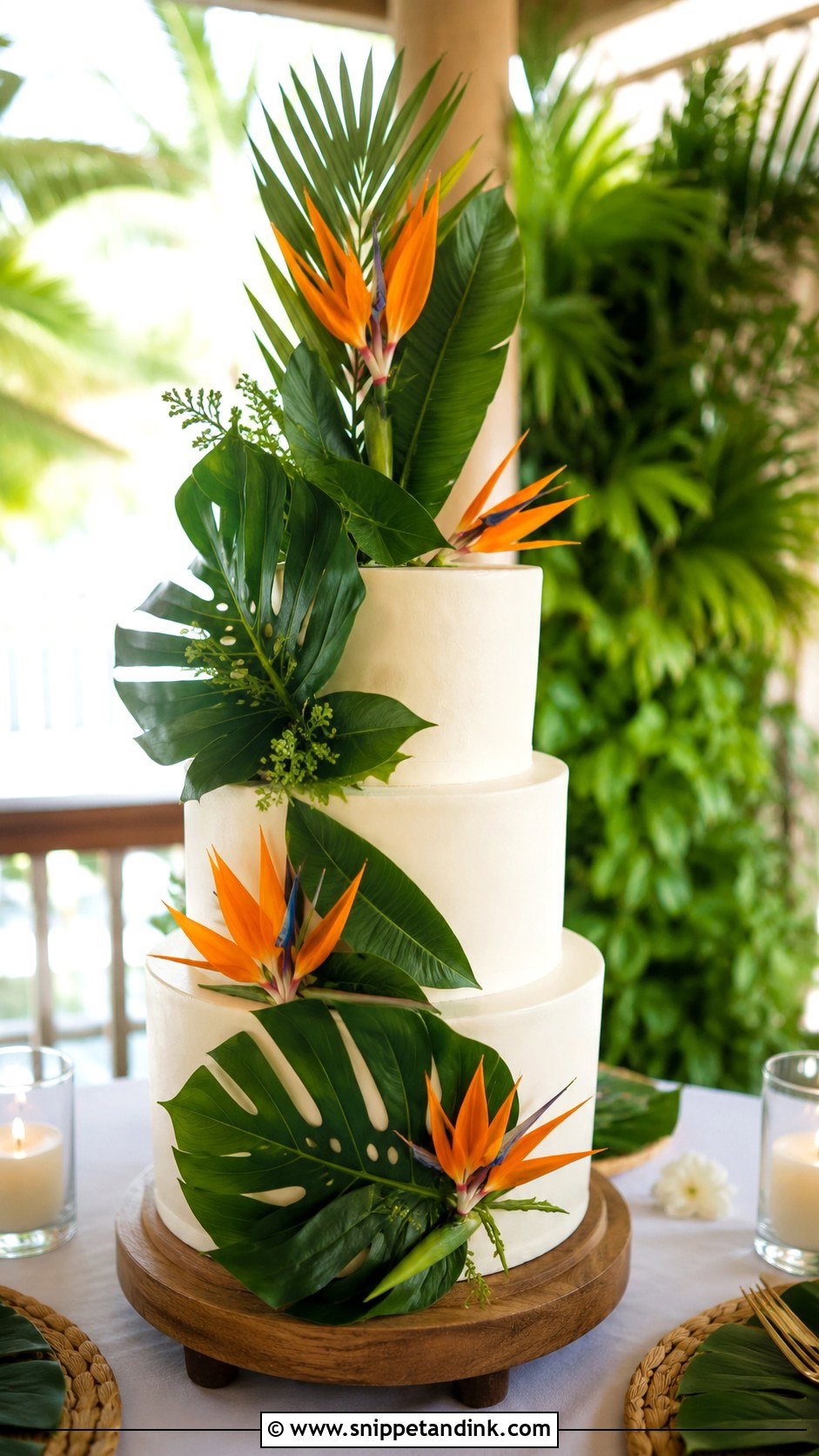 Bird Of Paradise Wedding Cake With Tropical Leaves - Snippet and Ink - 20 Bird of Paradise Wedding Cake Ideas