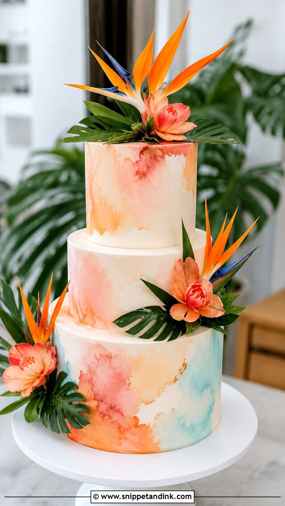Bird Of Paradise Wedding Cake With Watercolor Tiers - Snippet and Ink - 20 Bird of Paradise Wedding Cake Ideas