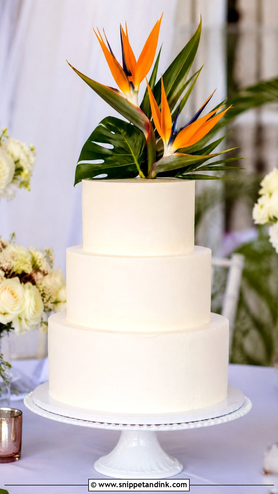 Bird Of Paradise Wedding Cake With White Buttercream - Snippet and Ink - 20 Bird of Paradise Wedding Cake Ideas