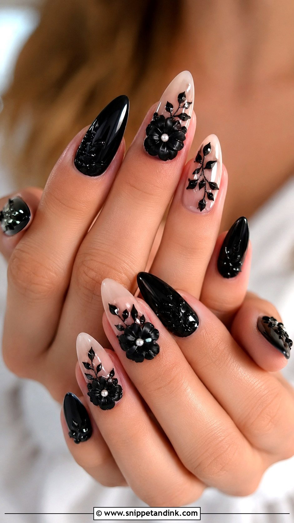 Black 3D Floral Wedding Nails - Snippet and Ink - 30 Black Wedding Nails