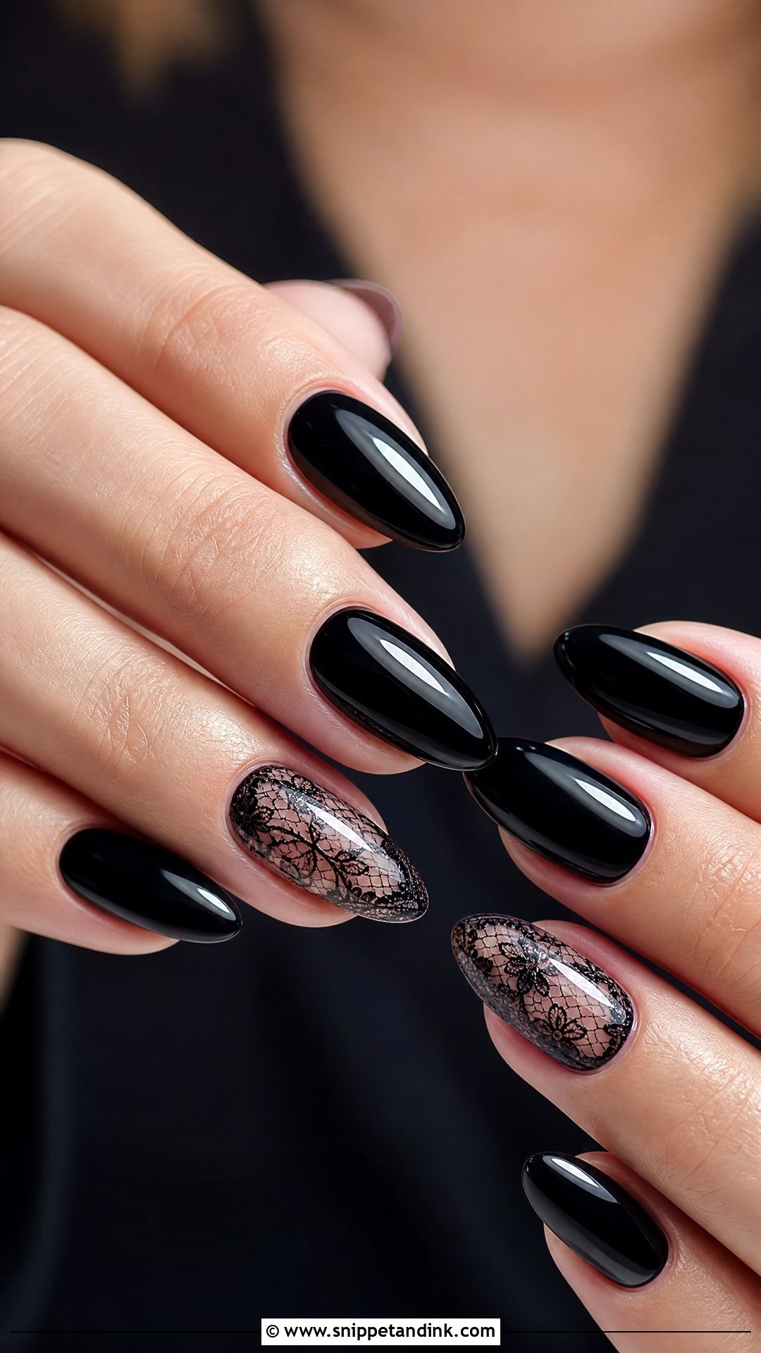 Black Almond Bridal Nails - Snippet and Ink - 25 Black Bridal Nails