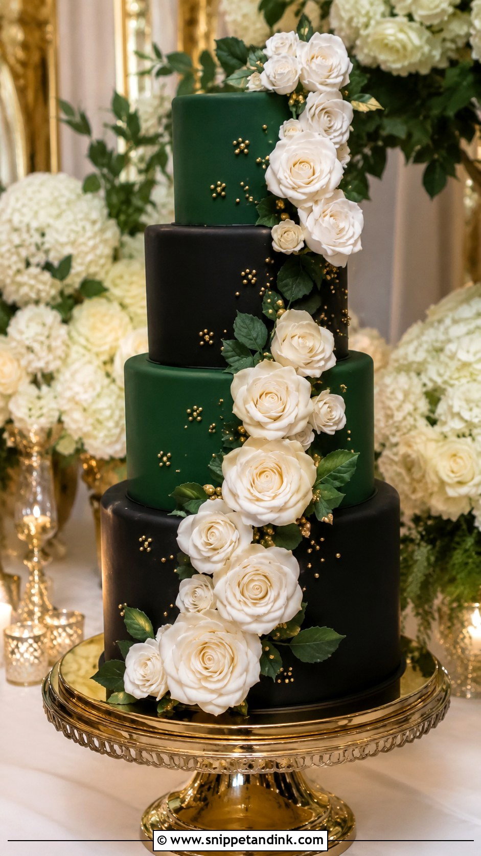 Black And Emerald Green Wedding Cake With White Roses - Snippet and Ink - 25 Emerald Green and Black Wedding Cake Ideas