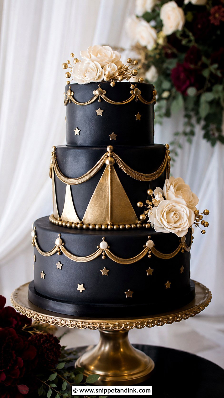 Black And Gold Circus Wedding Cake - Snippet and Ink - 20 Circus Wedding Cake Ideas
