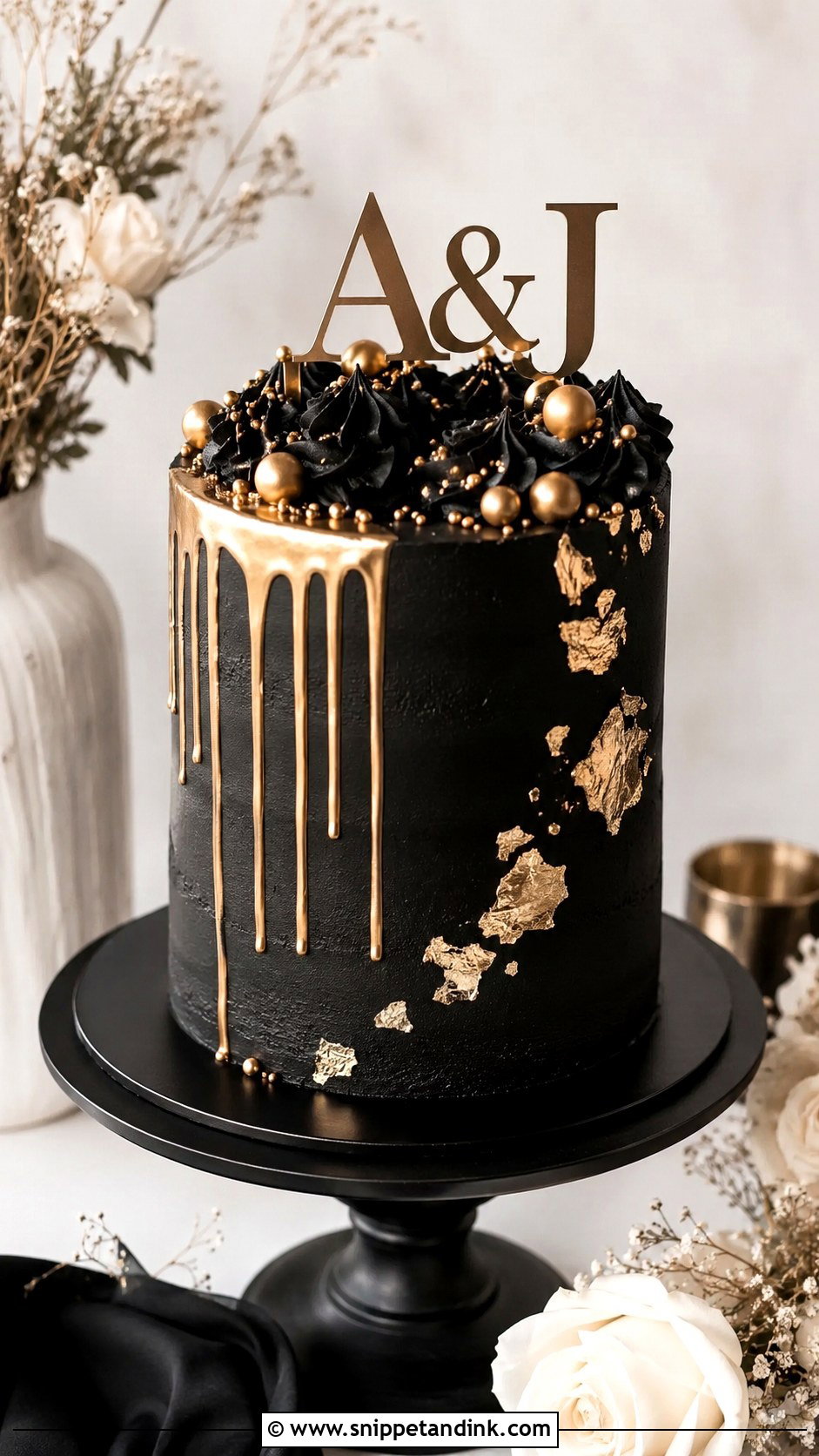 Black And Gold Couple Cake - Snippet and Ink - 20 Couples Cake Ideas