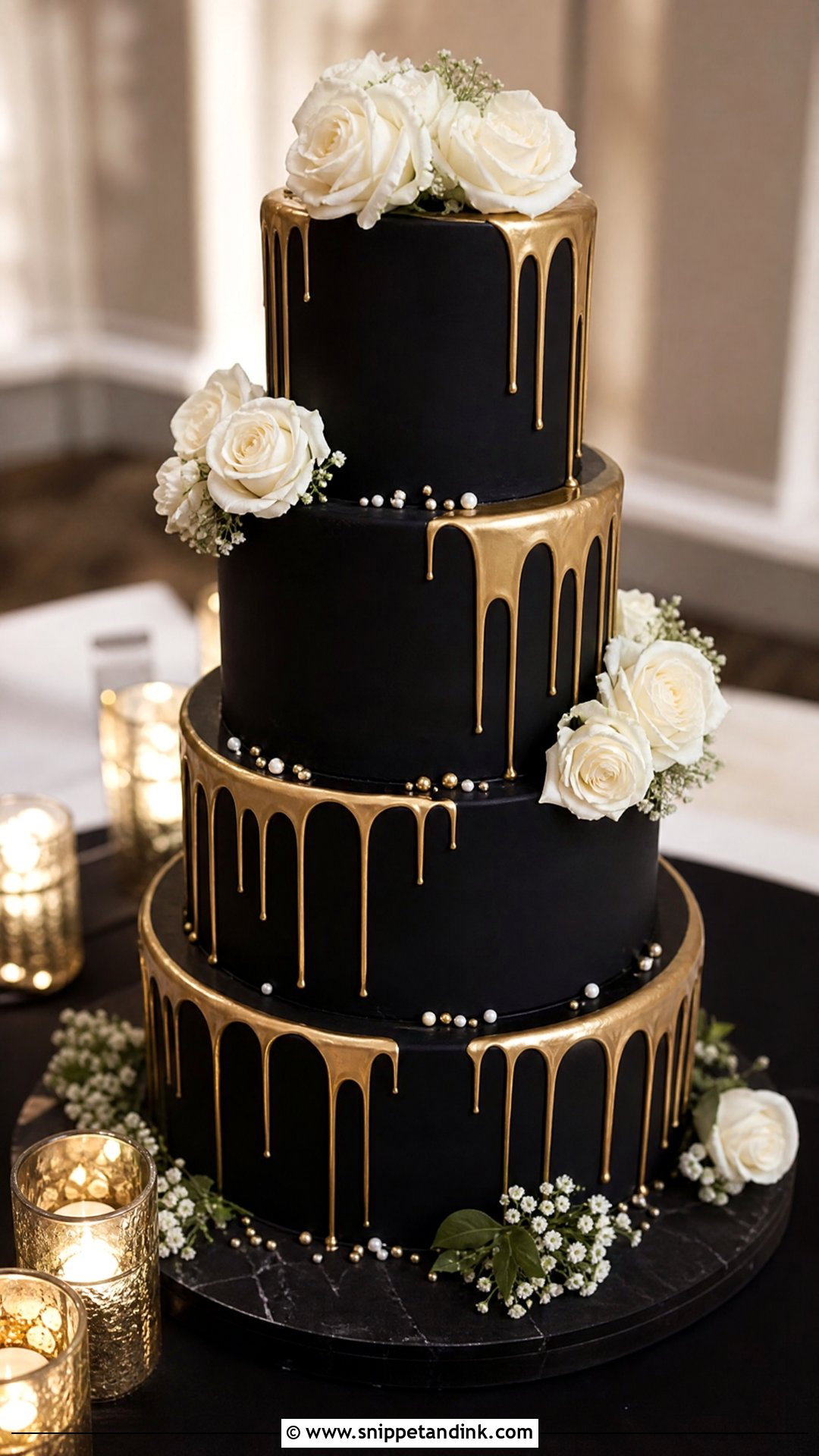 Black And Gold Drip Wedding Cake - Snippet and Ink - 20 White Gold and Black Cake Ideas for Wedding