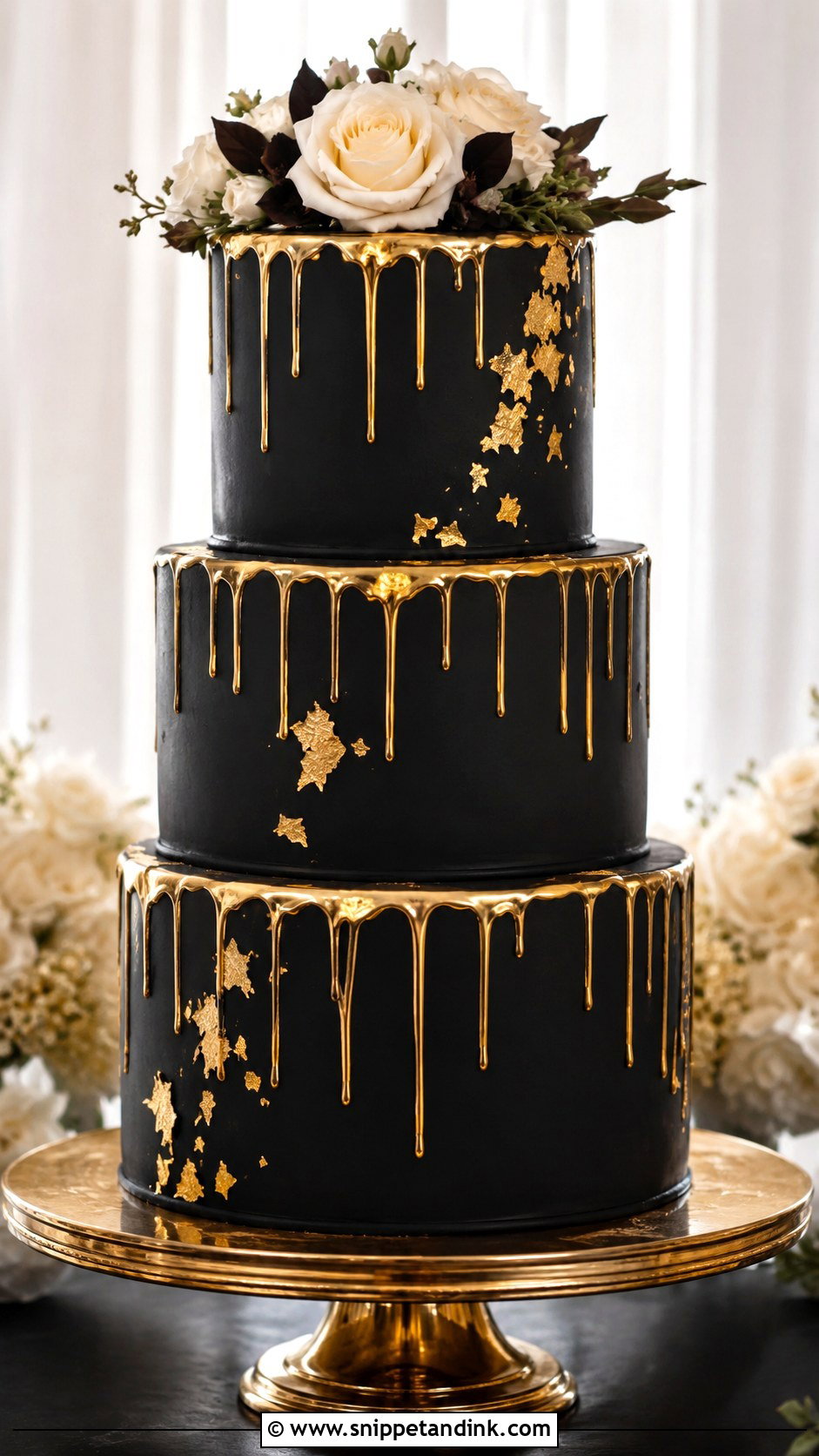 Black And Gold Drip Wedding Cake - Snippet and Ink - 20 Black and Gold Drip Cake Ideas for Wedding