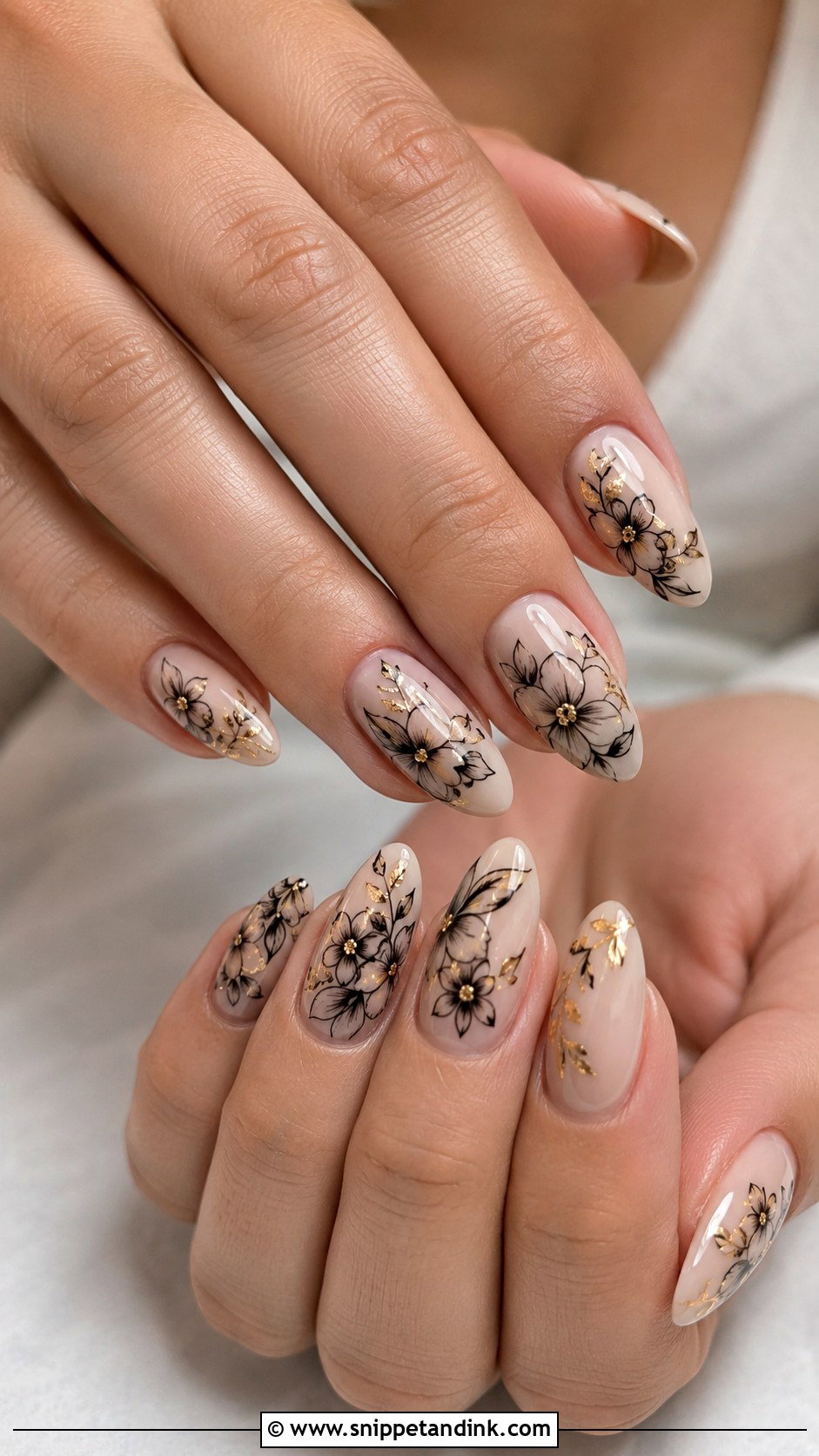 Black And Gold Floral Wedding Nails - Snippet and Ink - 20 Black and Gold Wedding Nails