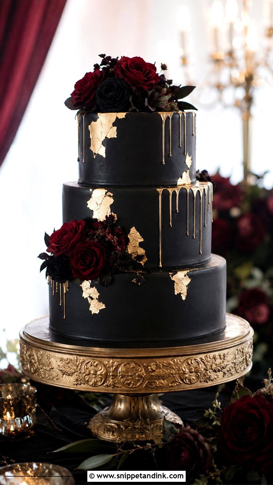 Black And Gold Halloween Wedding Cake - Snippet and Ink - 25 Elegant Halloween Wedding Cake Ideas