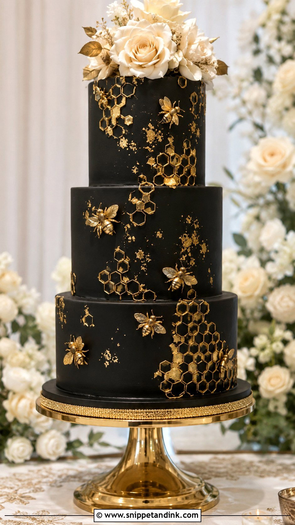 Black And Gold Honey Bee Wedding Cake - Snippet and Ink - 20 Honey Bee Cake Design Ideas for Wedding