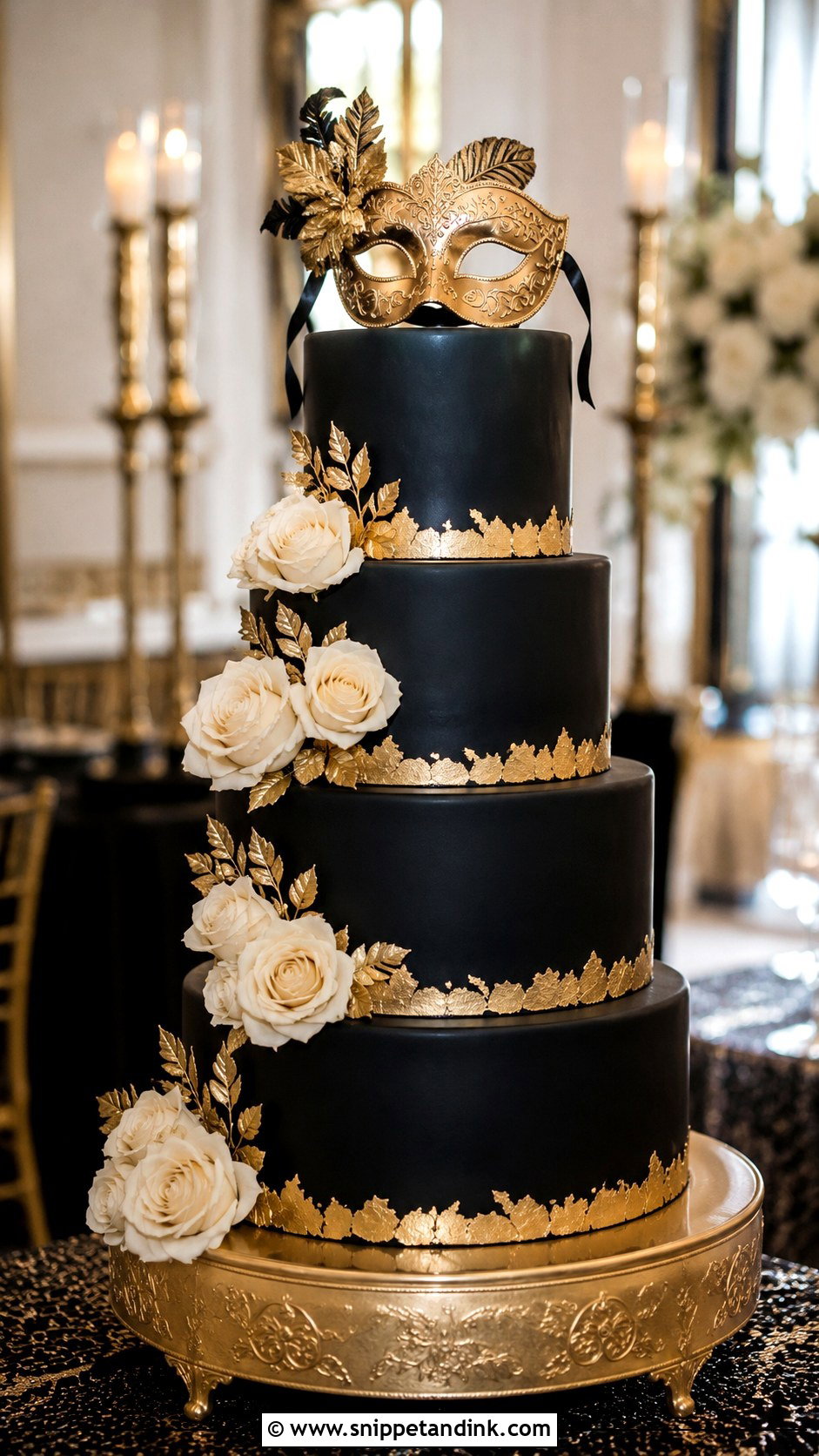 Black And Gold Masquerade Wedding Cake - Snippet and Ink - 20 Masquerade Wedding Cake Ideas