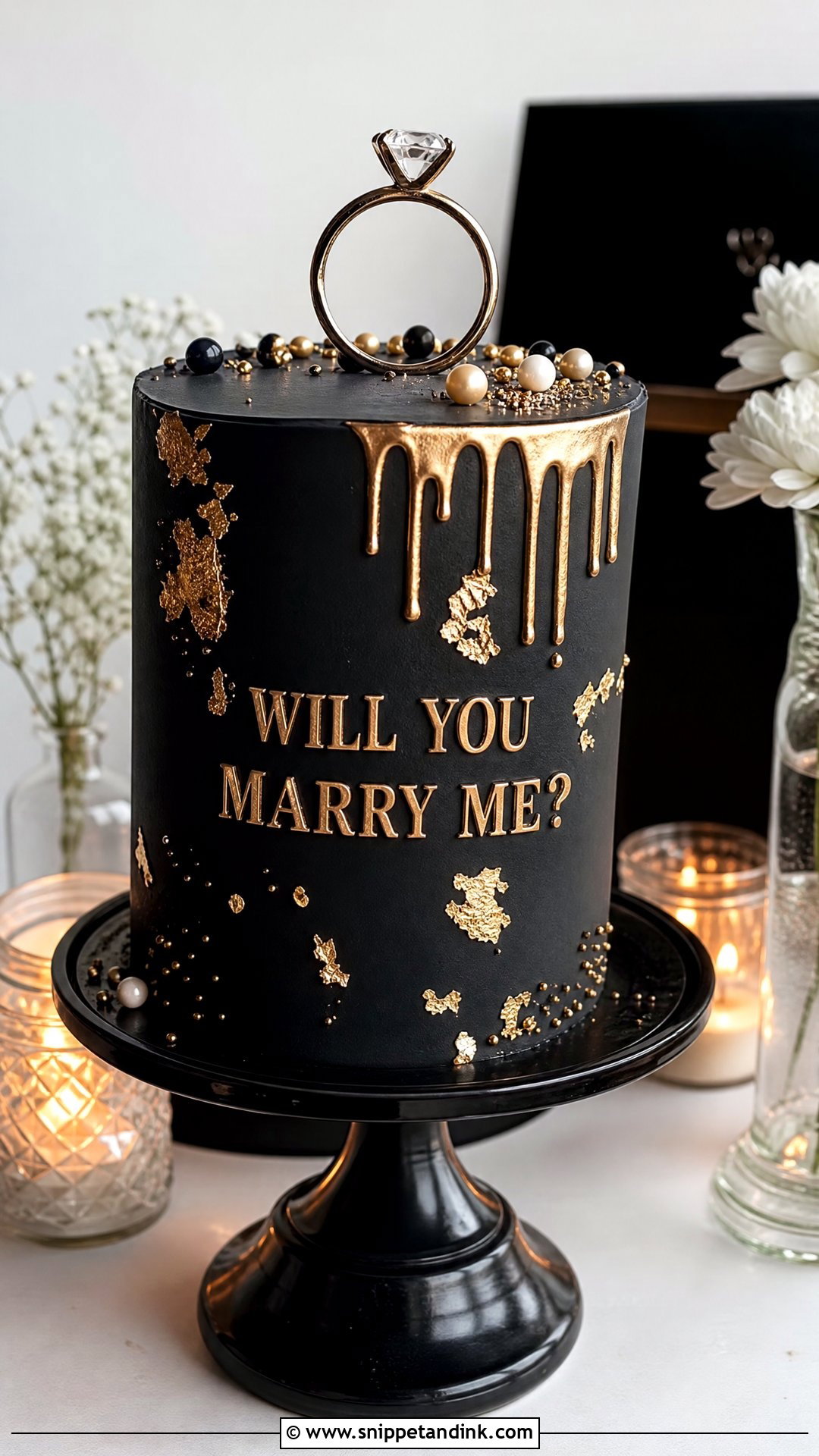 Black And Gold Proposal Cake - Snippet and Ink - 20 Proposal Cake Ideas