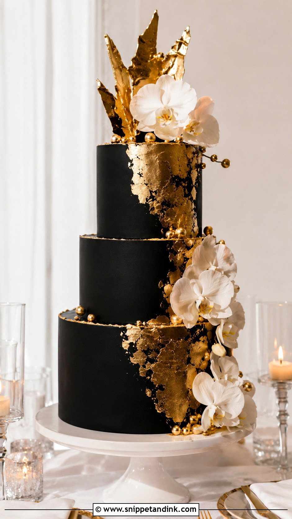 Black And Gold Wedding Cake - Snippet and Ink - 30 Sparkle Wedding Cake Ideas