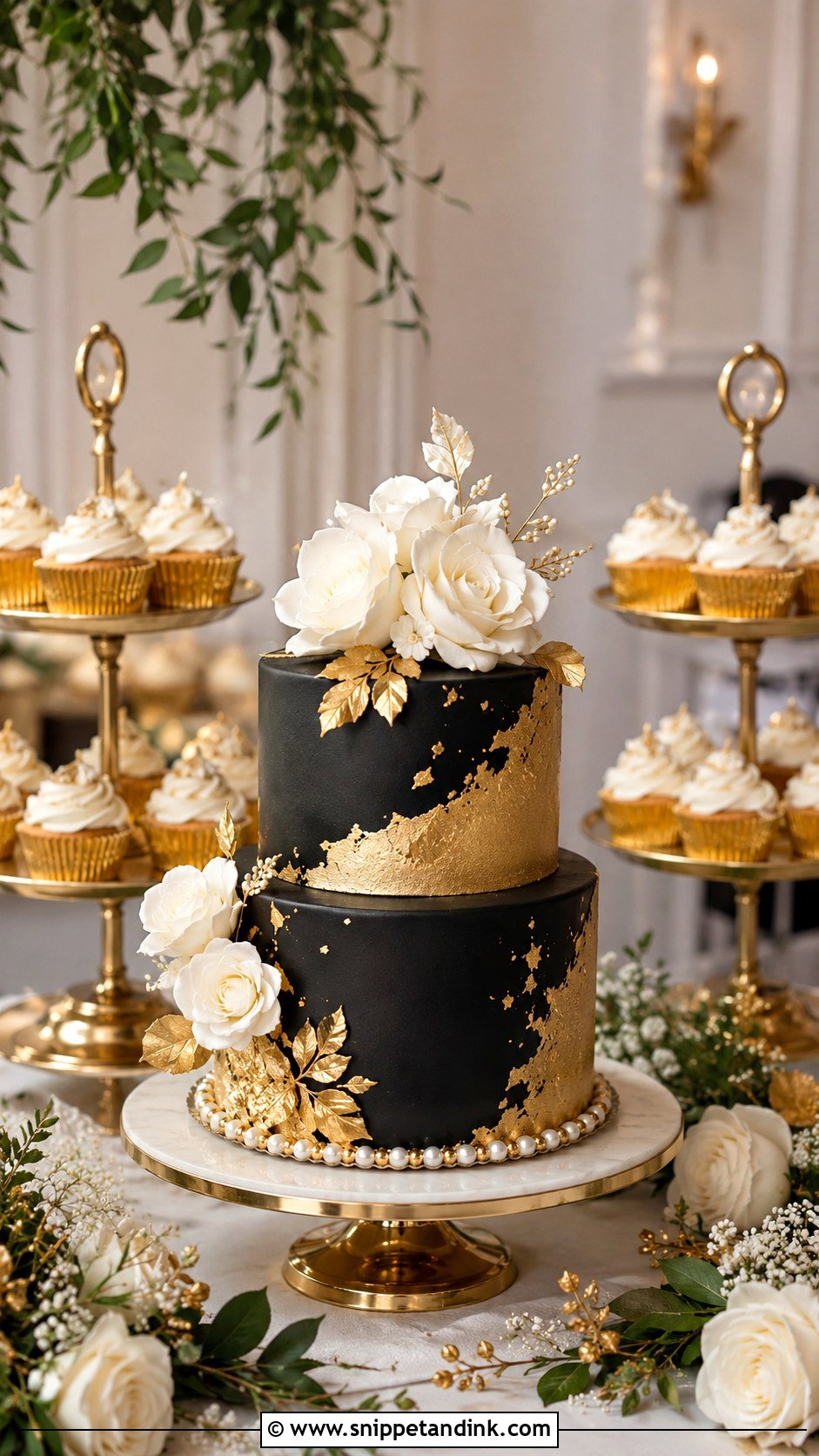 Black And Gold Wedding Cake With Cupcakes - Snippet and Ink - 25 Black and Gold Cake Ideas for Wedding