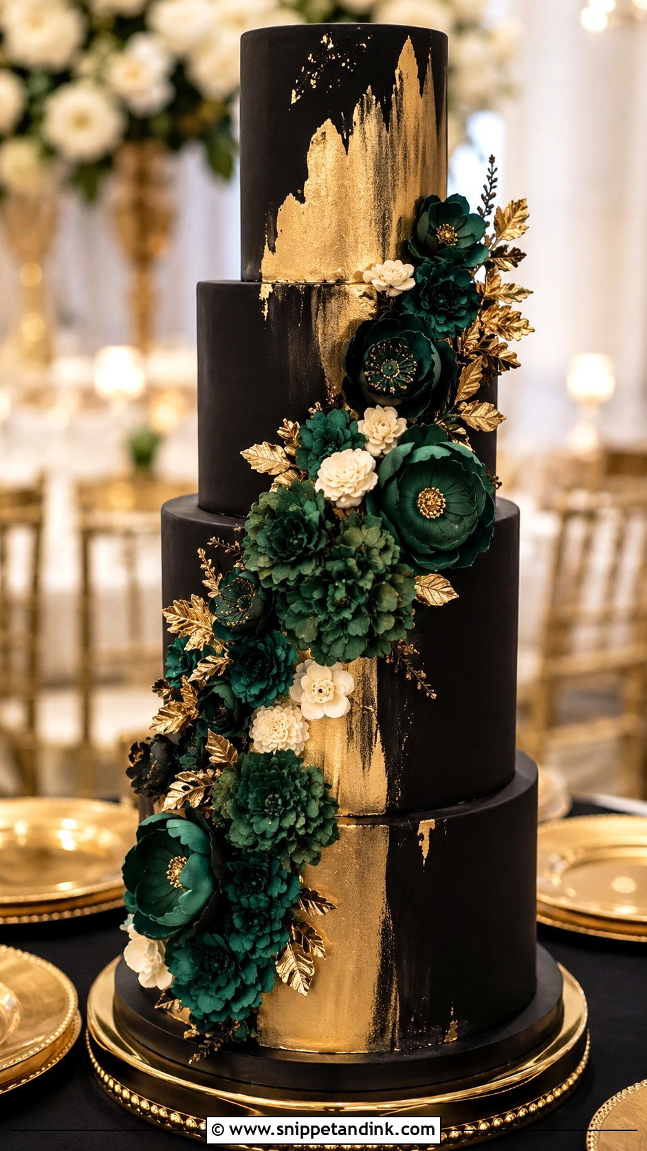 Black And Gold Wedding Cake With Emerald Flowers - Snippet and Ink - 20 Black Green and Gold Wedding Cake Ideas