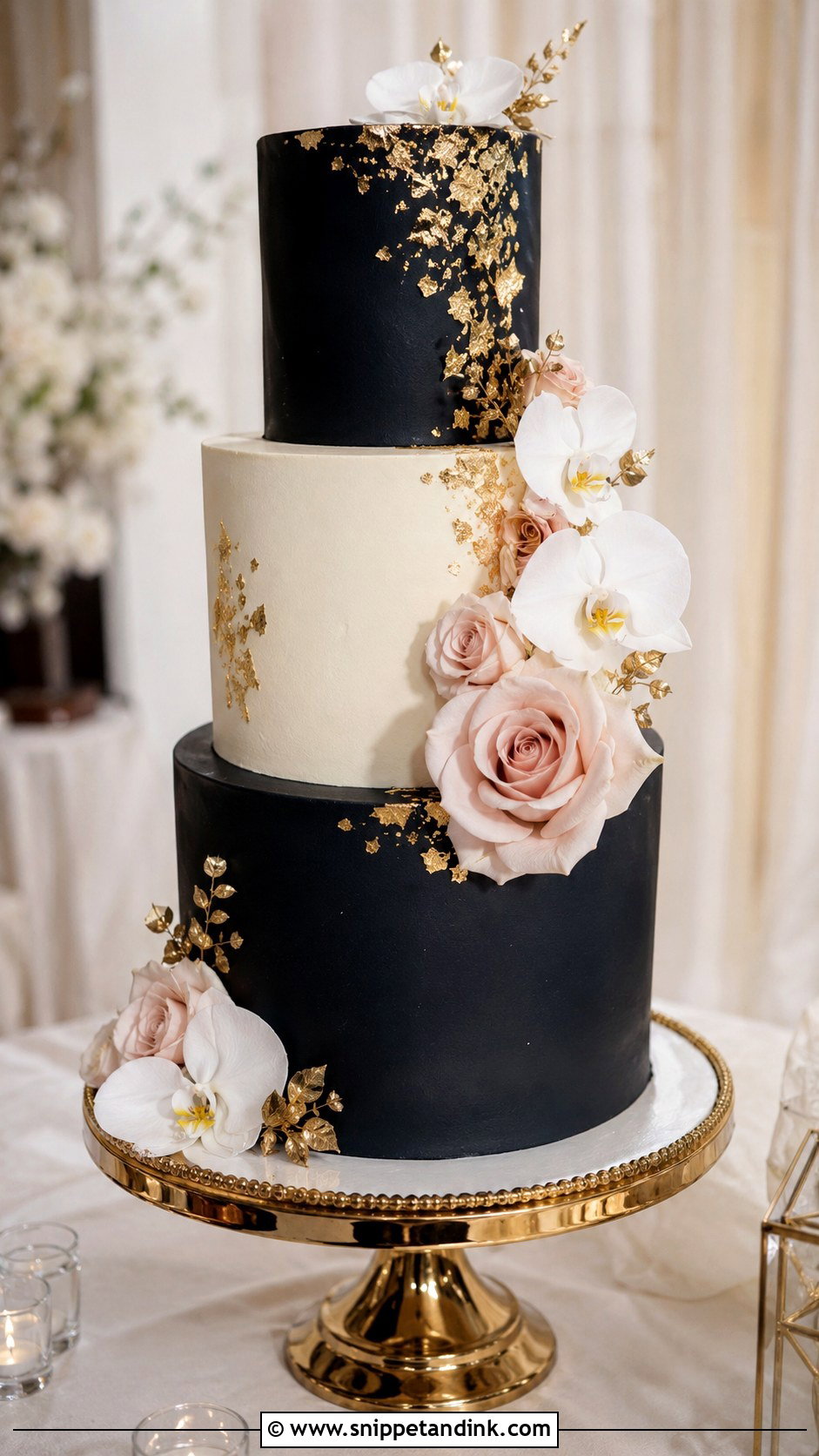 Black And Gold Wedding Cake With Flowers - Snippet and Ink - 25 Black and Gold Cake Ideas for Wedding
