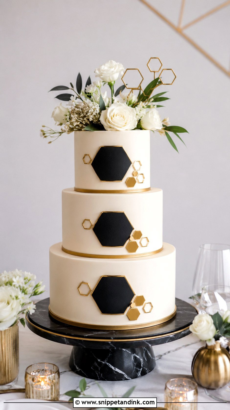 Black And Gold Wedding Cake With Geometric Pattern - Snippet and Ink - 25 Black and Gold Cake Ideas for Wedding