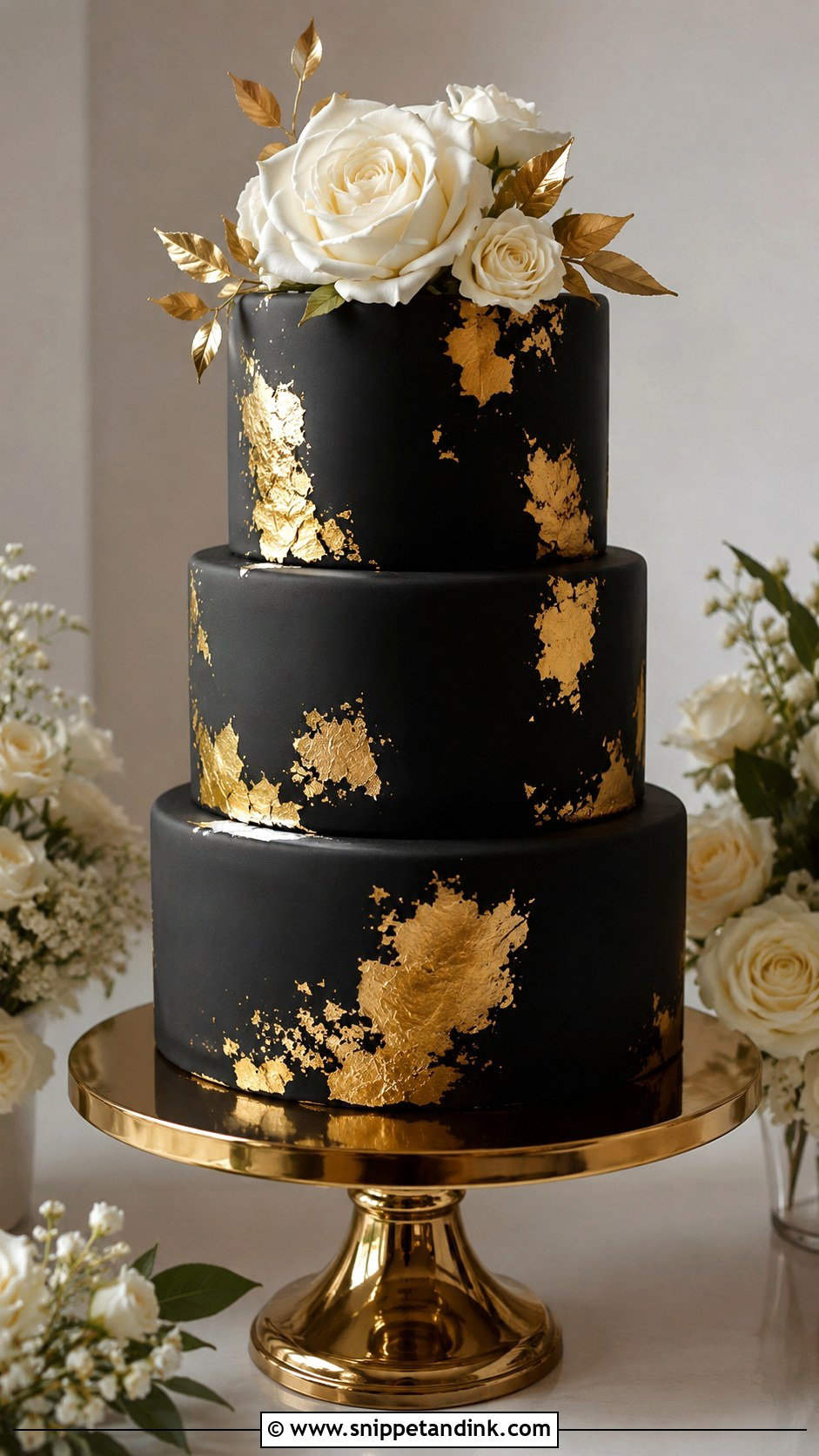 Black And Gold Wedding Cake With Gold Leaf - Snippet and Ink - 25 Black and Gold Cake Ideas for Wedding