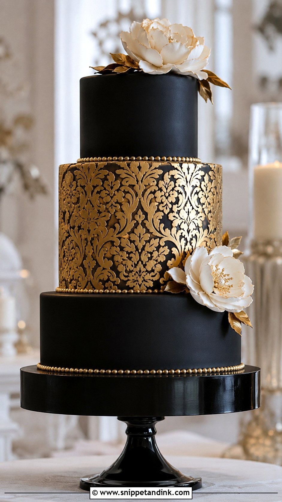 Black And Gold Wedding Cake With Gold Stencil - Snippet and Ink - 25 Black and Gold Cake Ideas for Wedding