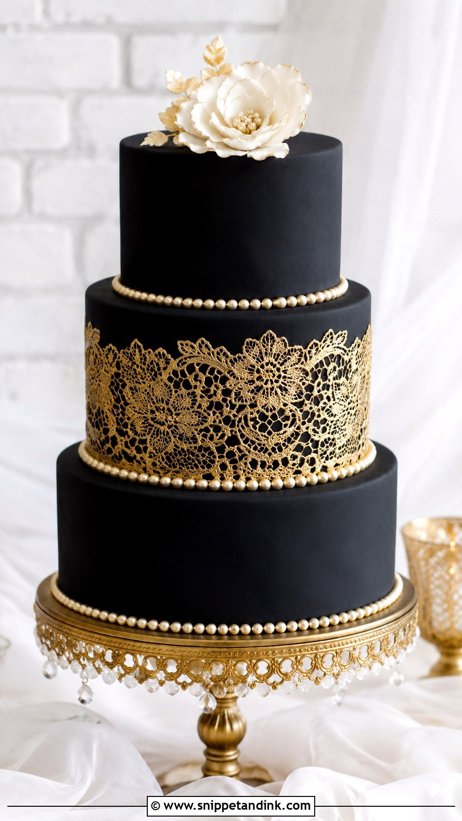 Black And Gold Wedding Cake With Lace - Snippet and Ink - 25 Black and Gold Cake Ideas for Wedding