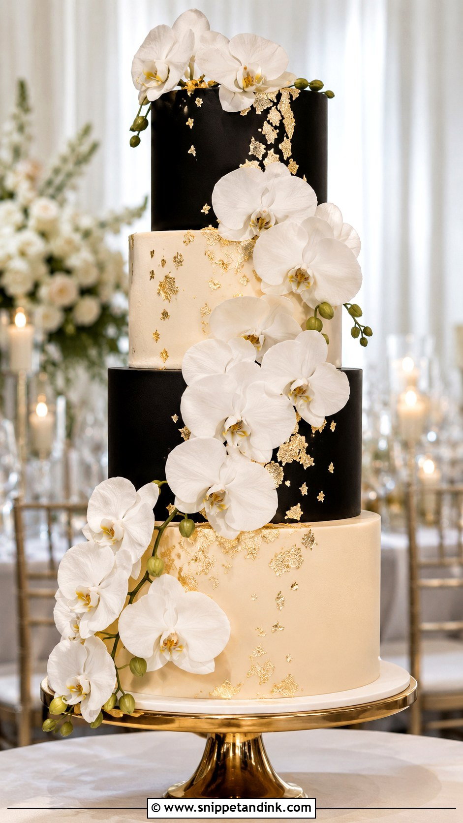 Black And Gold Wedding Cake With Orchid Flowers - Snippet and Ink - 25 Black and Gold Cake Ideas for Wedding