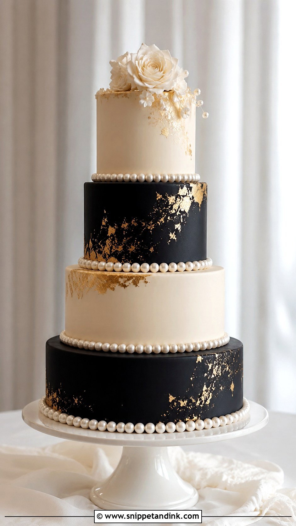 Black And Gold Wedding Cake With Pearls - Snippet and Ink - 25 Black and Gold Cake Ideas for Wedding