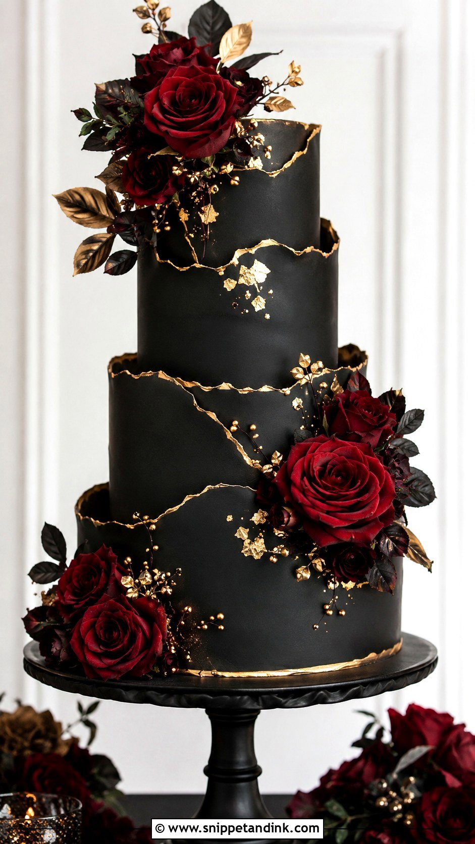 Black And Gold Wedding Cake With Red Roses - Snippet and Ink - 25 Black and Gold Cake Ideas for Wedding