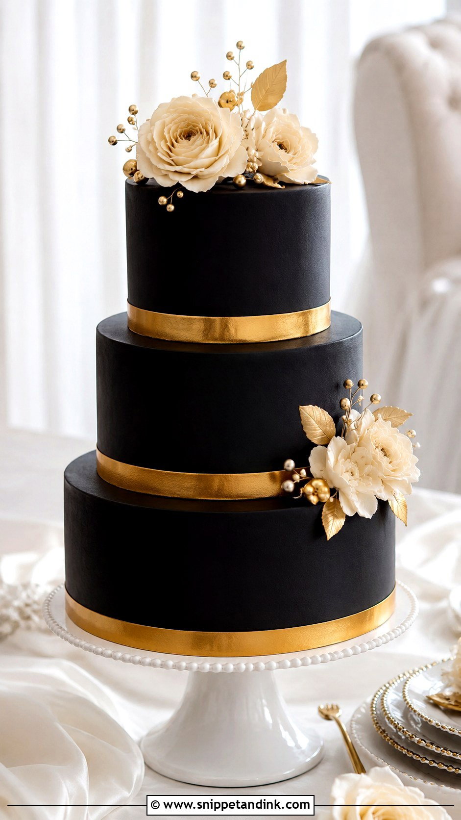 Black And Gold Wedding Cake With Ribbon - Snippet and Ink - 25 Black and Gold Cake Ideas for Wedding