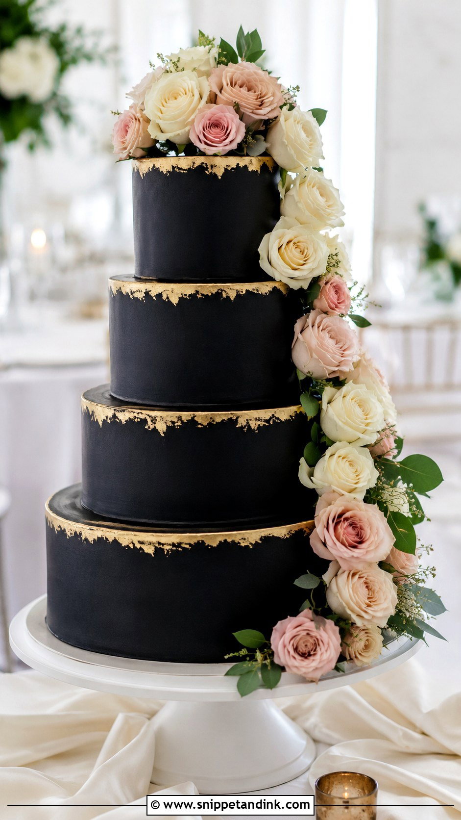 Black And Gold Wedding Cake With Roses - Snippet and Ink - 25 Black and Gold Cake Ideas for Wedding
