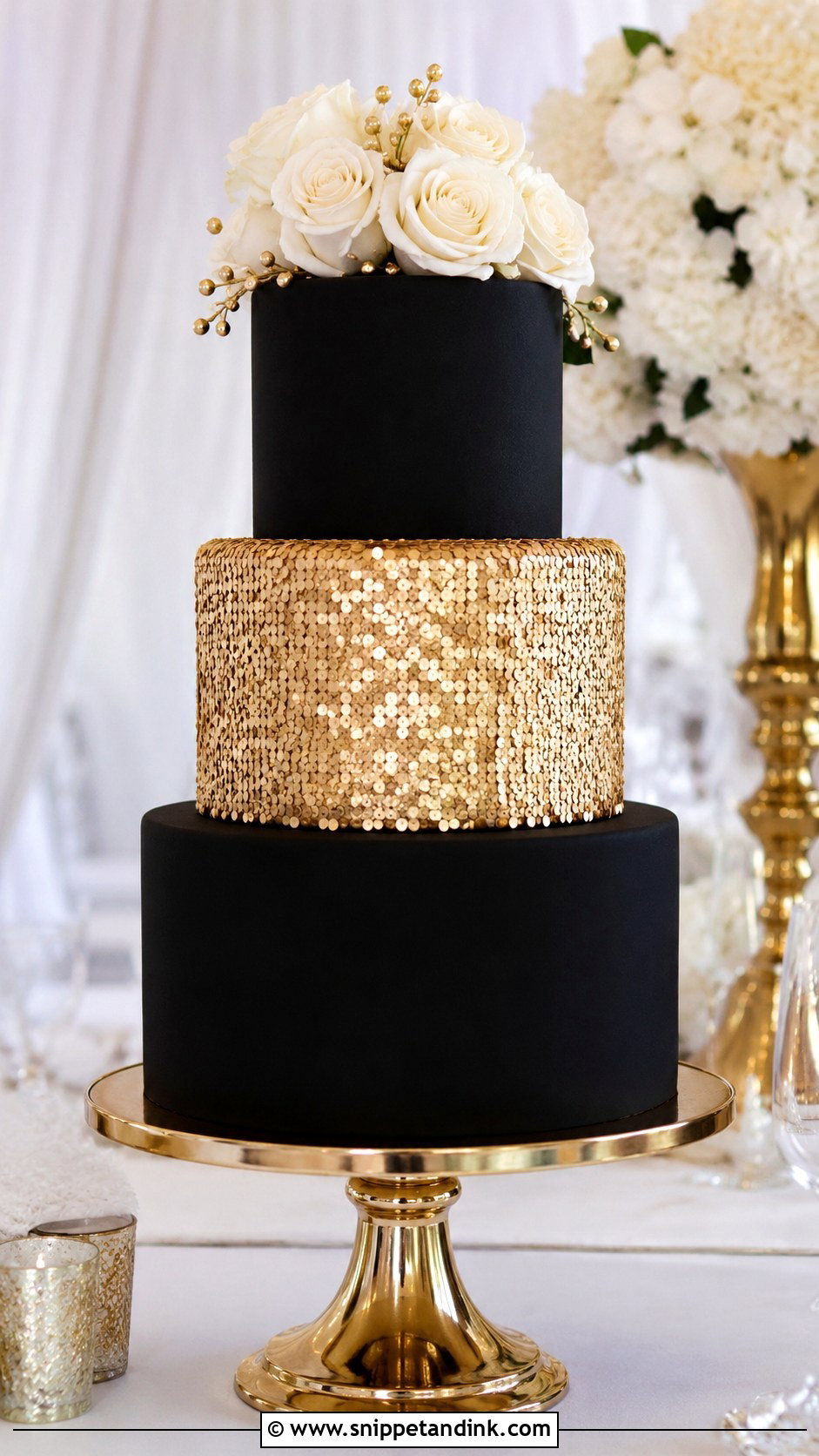 Black And Gold Wedding Cake With Sequins - Snippet and Ink - 25 Black and Gold Cake Ideas for Wedding