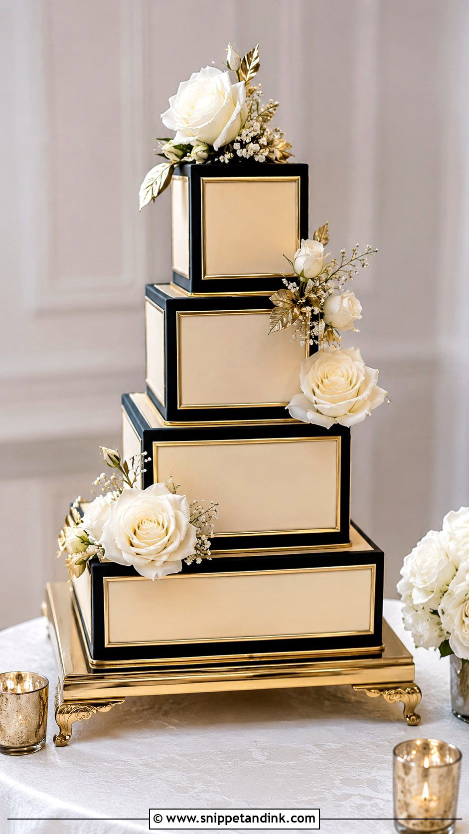 Black And Gold Wedding Cake With Square Tiers - Snippet and Ink - 25 Black and Gold Cake Ideas for Wedding