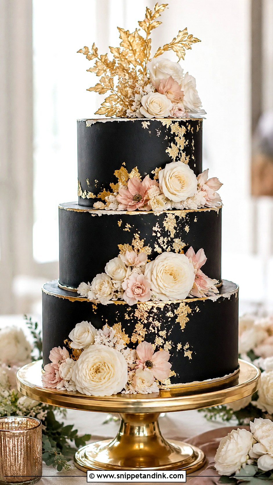 Black And Gold Wedding Cake With Sugar Flowers - Snippet and Ink - 25 Black and Gold Cake Ideas for Wedding